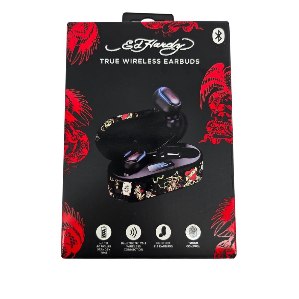 Ed Hardy True Wireless Earbuds Bluetooth V5.3 Tattoo Print Black Red Skull NIB